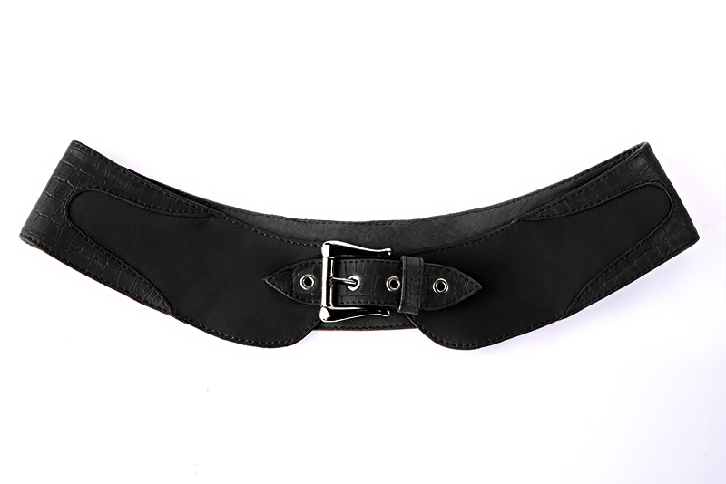 Satin black women's dress belt, matching pumps and bags. Made to measure. Profile view - Florence KOOIJMAN